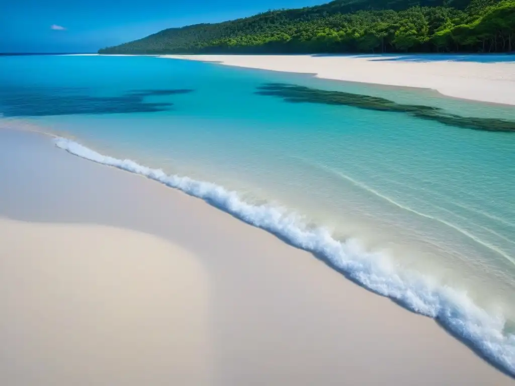 Playa prístina con aguas turquesa, arena blanca y bosque verde, resaltando el impacto turismo marítimo pasajeros conscientes