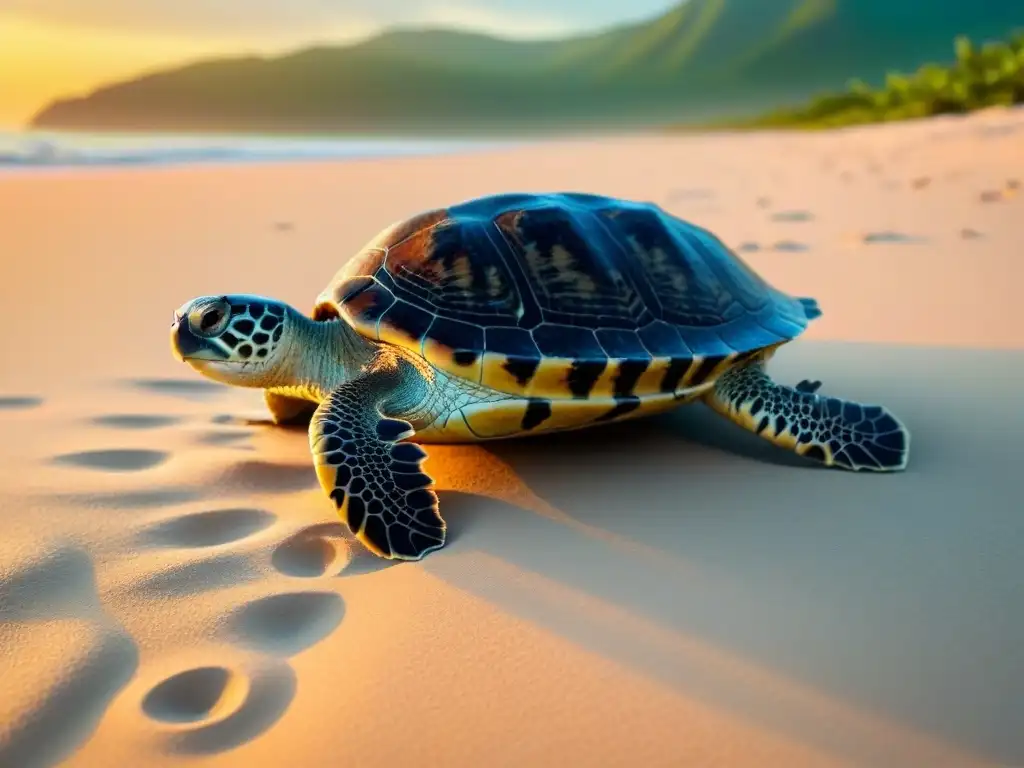 Playa prístina con aguas turquesa y tortuga marina, en un atardecer dorado