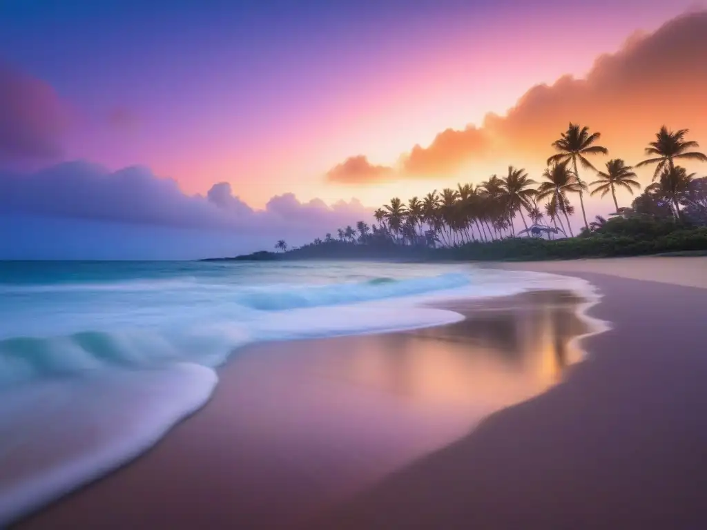 Playa prístina al amanecer con olas suaves, palmeras y cielo naranja y rosa