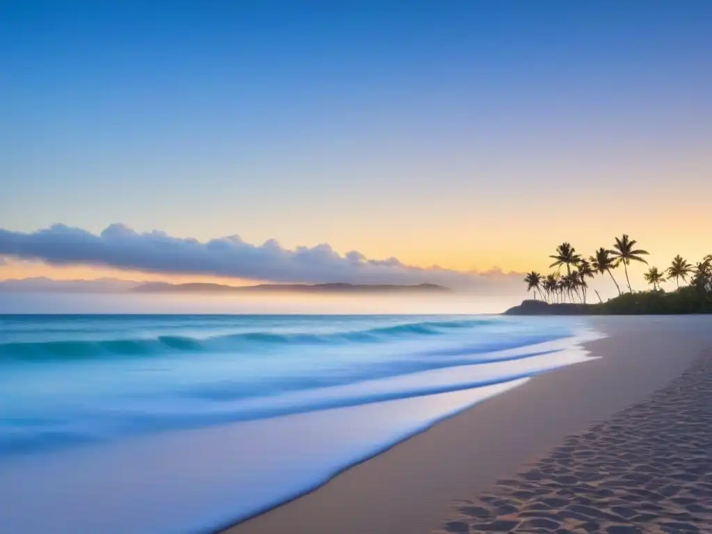 Playa prístina al amanecer, olas suaves, palmeras y cielo azul