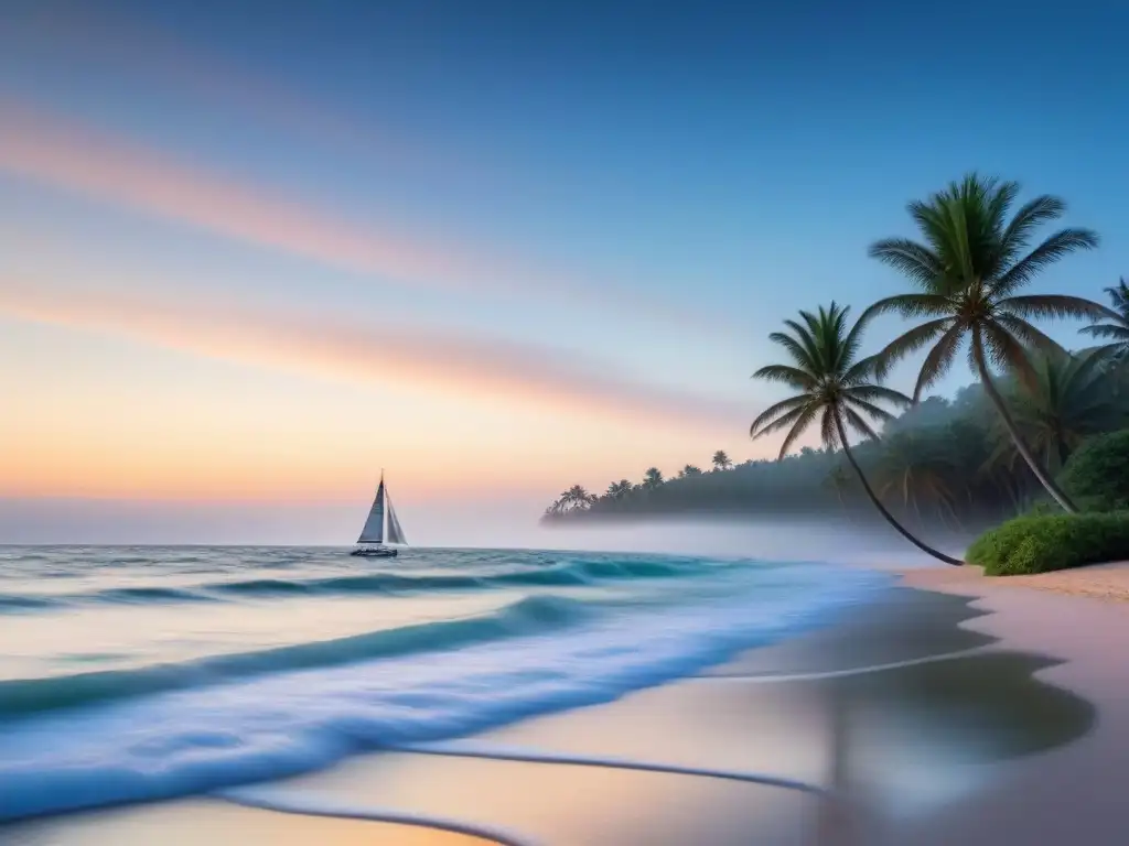 Playa prístina al amanecer con velero al fondo, cielo pastel y conexión a la naturaleza