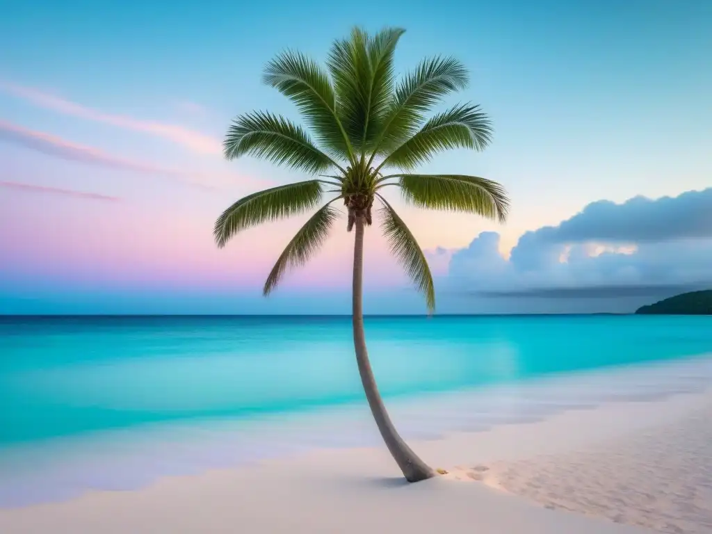 Una playa remota de arena blanca y aguas turquesas, con una palmera solitaria