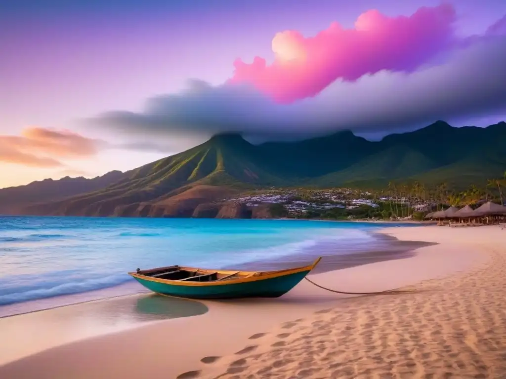 Playa serena al atardecer en México con aguas cristalinas y barco tradicional