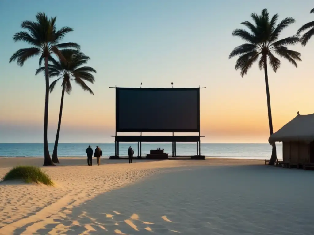 Playa serena al atardecer con cine marítimo al aire