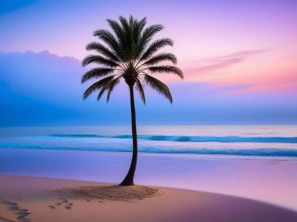 Playa serena al amanecer con palmera solitaria, olas suaves y cielo pastel