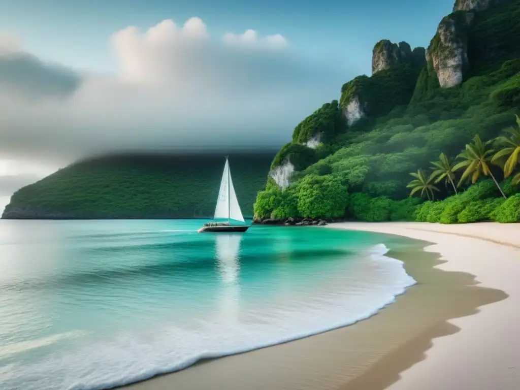 Una playa solitaria con aguas cristalinas, rodeada de vegetación y un velero elegante a lo lejos