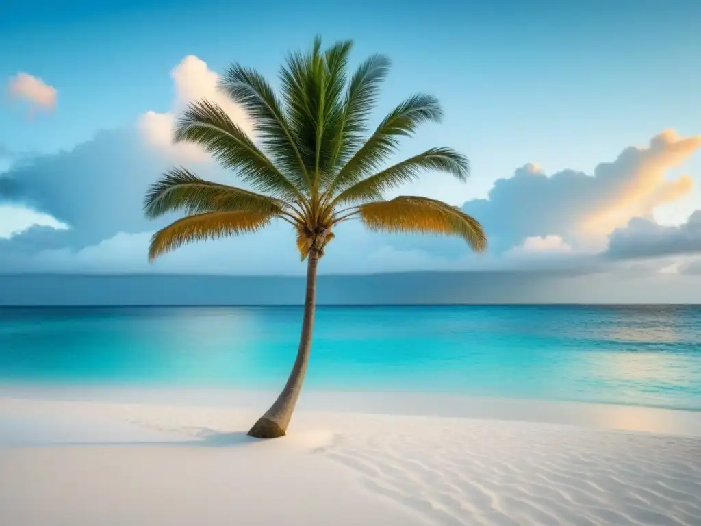 Playa caribeña tranquila con aguas turquesas, palmera solitaria y cielo azul