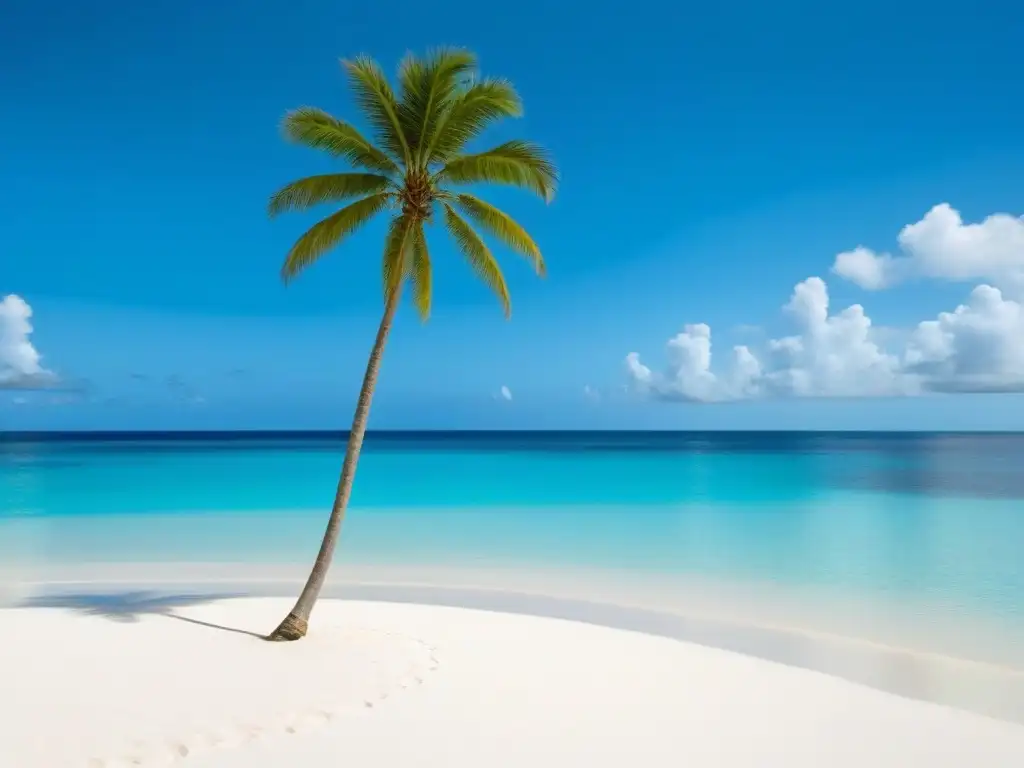 Playa caribeña tranquila con palmera, aguas turquesas y cielo azul