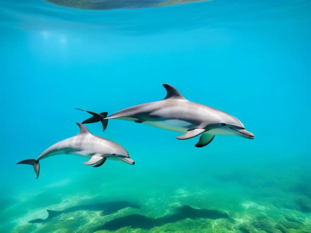 Un pod de delfines nadando en aguas turquesas, con un fondo de costa verde