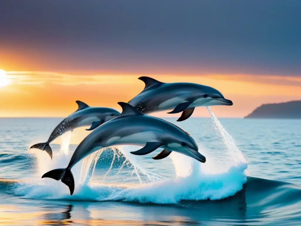 Un pod de delfines gráciles saltando al unísono al atardecer sobre el mar