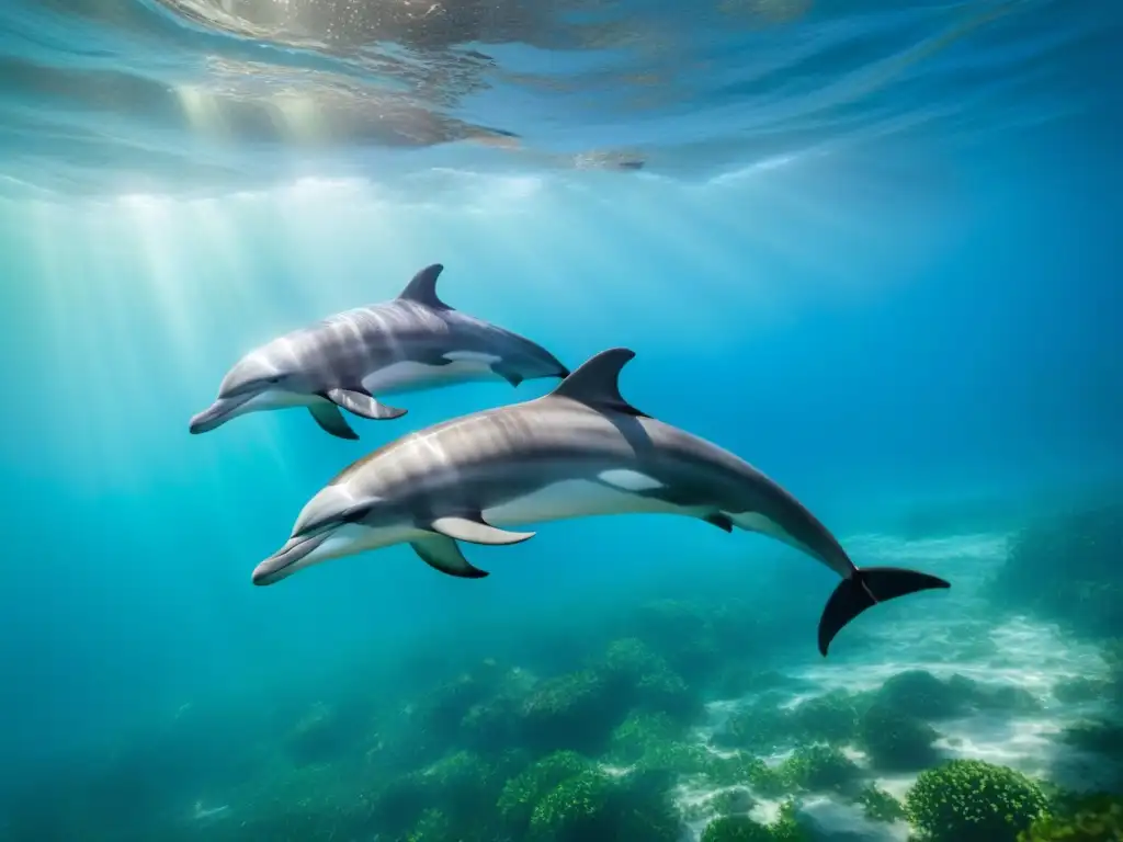 Un pod de delfines majestuosos nadando en aguas cristalinas bajo el sol