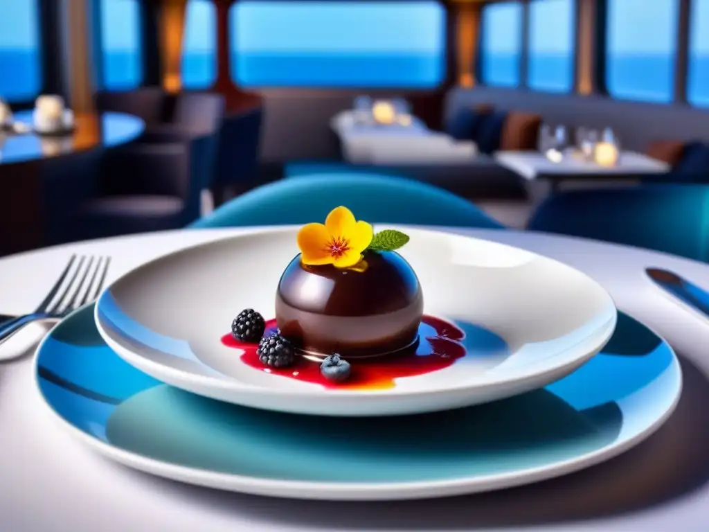 Postres innovadores en cruceros marítimos: esfera de chocolate con salsa, frutas y flores, en un elegante comedor con vista al mar