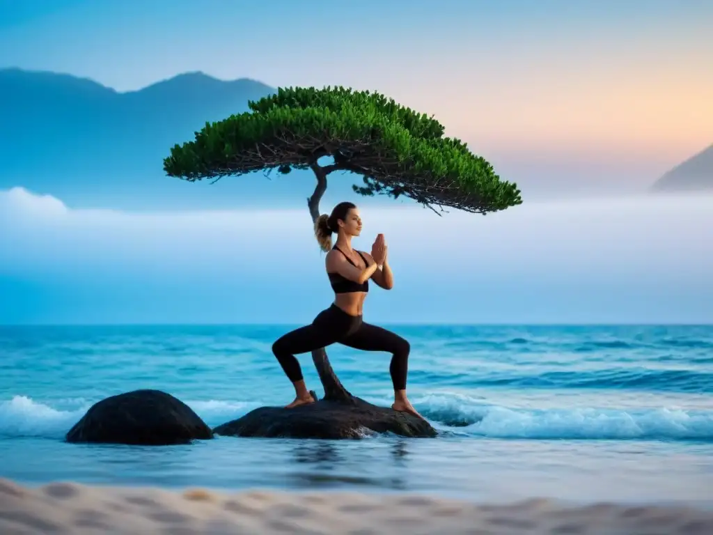 Un practicante de yoga en equilibrio en el océano, transmitiendo serenidad y transformación en retiros de yoga