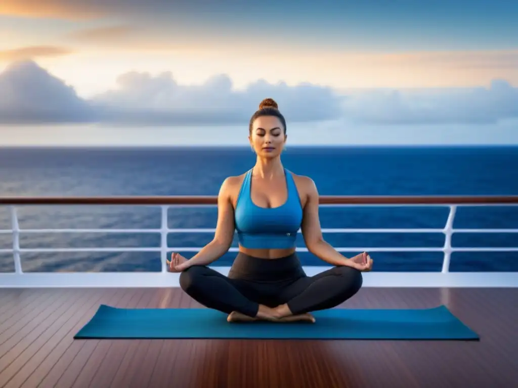 Practicante de yoga en pose serena sobre crucero ecofriendly, conectado con el mar azul