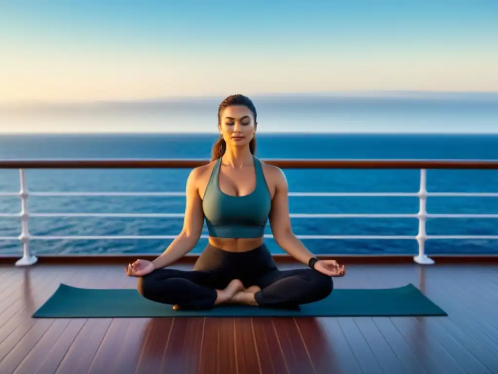 Practicante de yoga principiante en crucero, encontrando paz y equilibrio en el mar