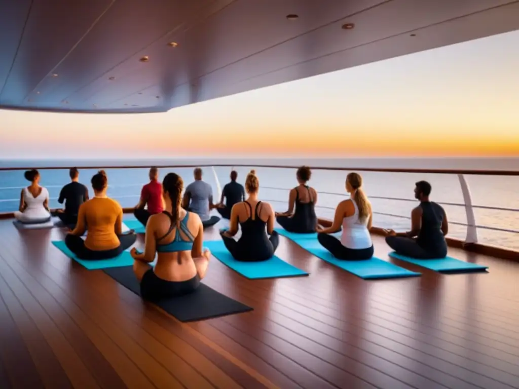 Practicantes de yoga en un crucero al atardecer, transmitiendo paz y armonía con el mar