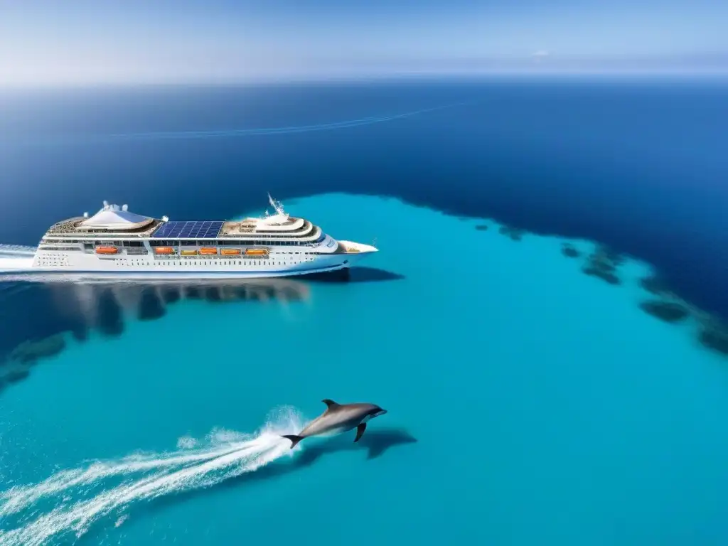 'Prácticas ecológicas cruceros lujo: Elegante crucero en aguas turquesa con delfines saltando bajo el sol brillante