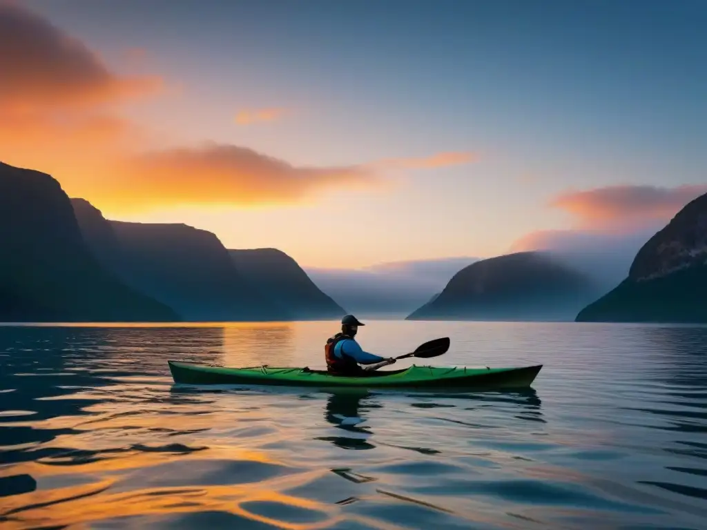 La preparación del kayak en aguas abiertas al atardecer, reflejando paz y serenidad en la naturaleza