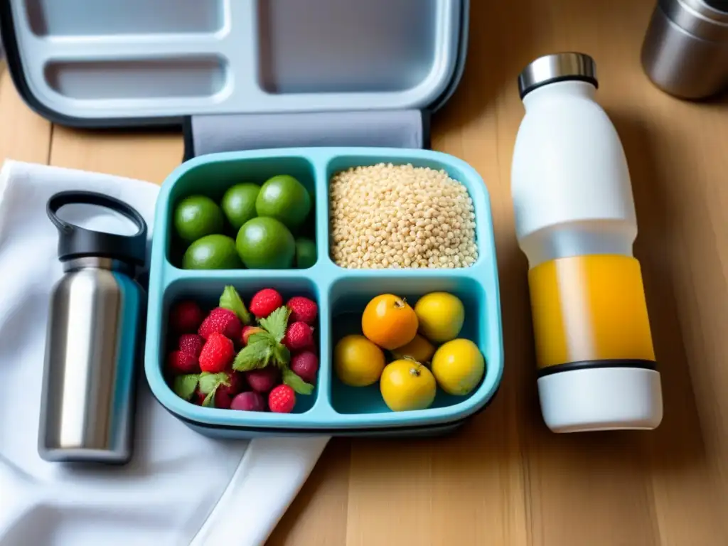 Una preparación de comida de viaje ordenada y colorida en una mesa de madera