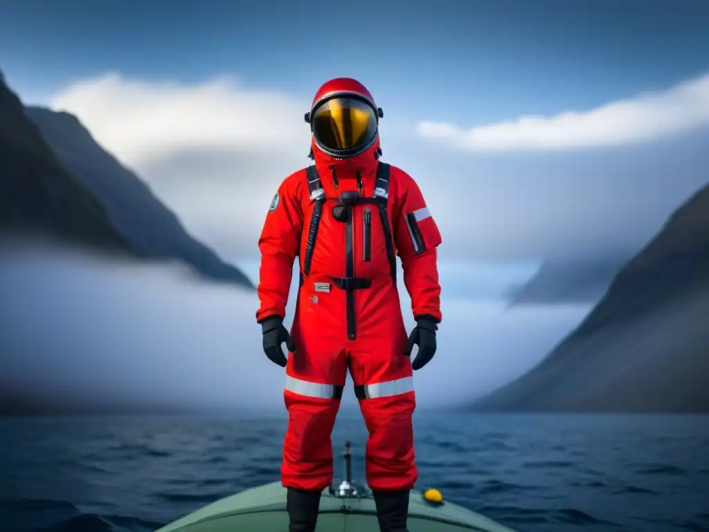 Preparación para crucero polar extremo: traje rojo brillante de supervivencia perfectamente doblado en fondo blanco