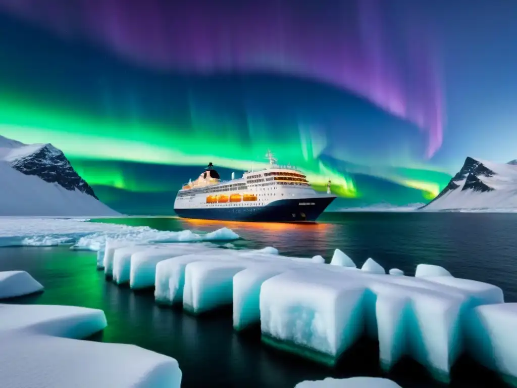 Preparación para crucero polar extremo: Barco de expedición navegando entre hielos bajo la aurora boreal