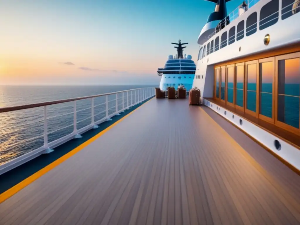 Preparativos para un crucero de lujo con equipaje exclusivo en elegante cubierta al atardecer sobre el mar cristalino