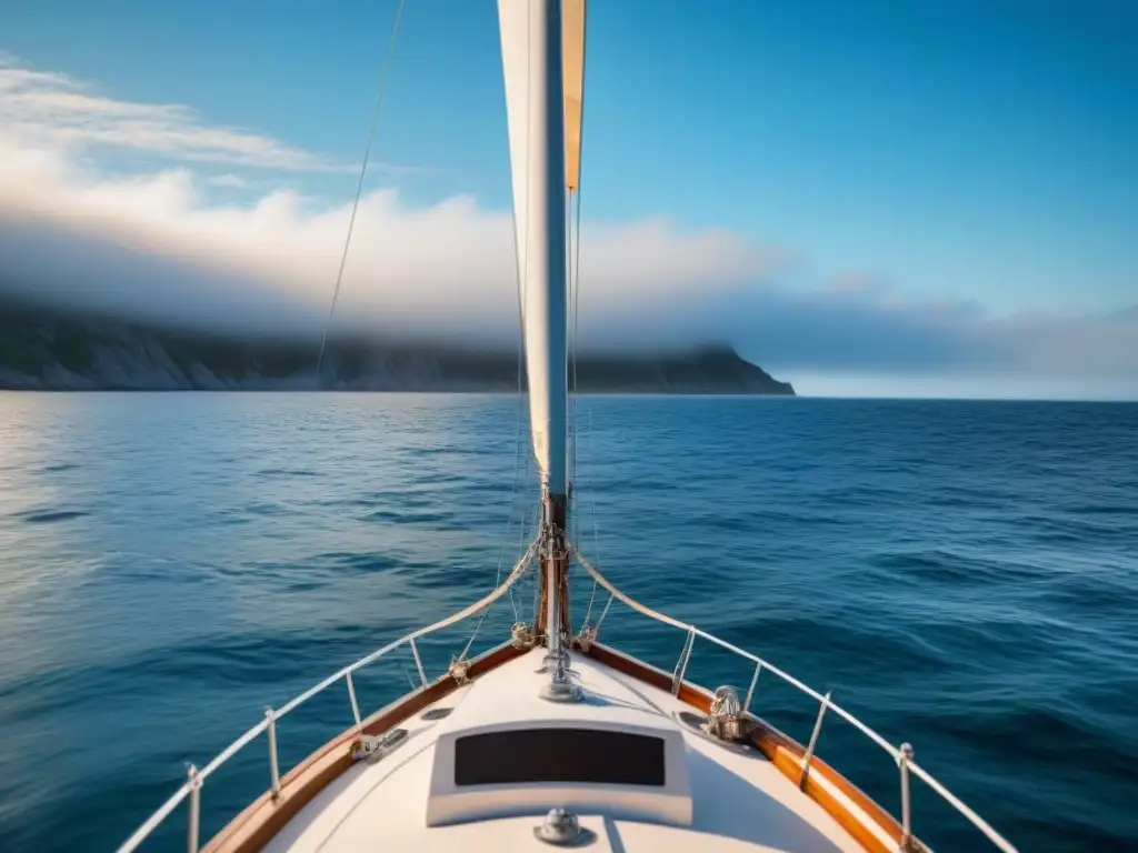 Un principiante navega en un mar tranquilo en velero, bajo cielos azules y suaves olas