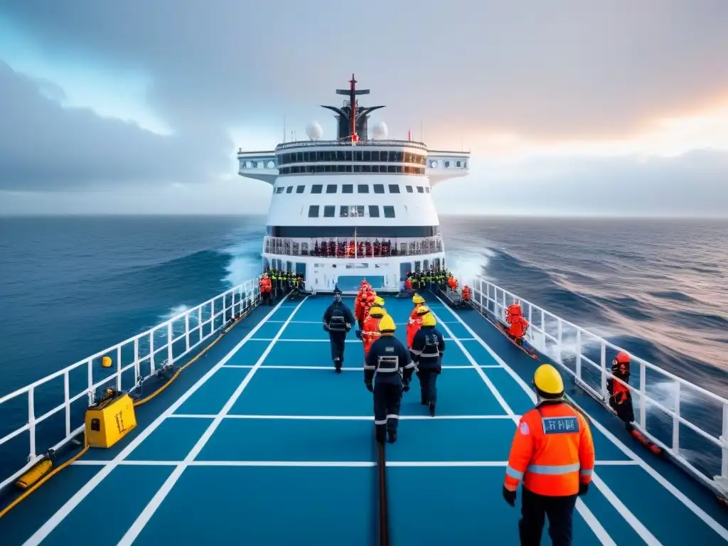 Procedimientos de evacuación en alta mar de cruceros: pasajeros siguen instrucciones en evacuación de barco con calma y profesionalismo