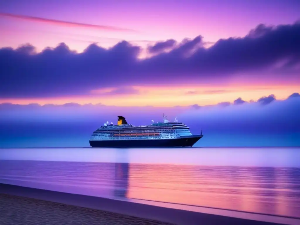 Fotografía profesional en cruceros: Amanecer sereno sobre el mar, con crucero en silueta y cielo pastel relajante