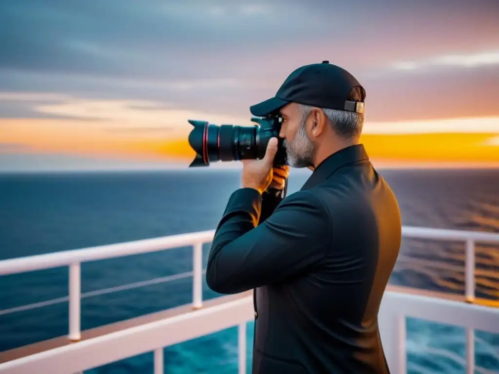 Fotografía profesional en cruceros: Fotógrafo capturando un atardecer vibrante en cubierta