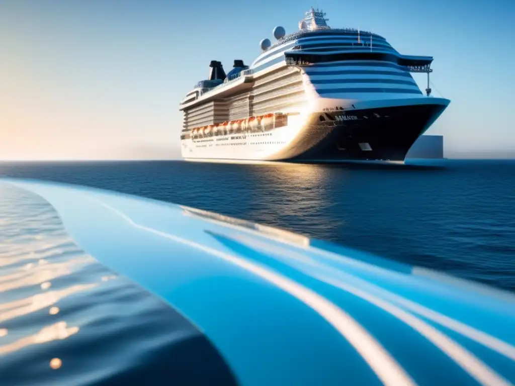 Fotografía profesional en cruceros: Un elegante crucero navegando en aguas tranquilas bajo un cielo azul