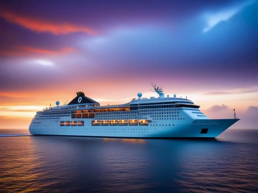 Fotografía profesional en cruceros: Un lujoso barco navegando bajo un atardecer vibrante en el mar tranquilo