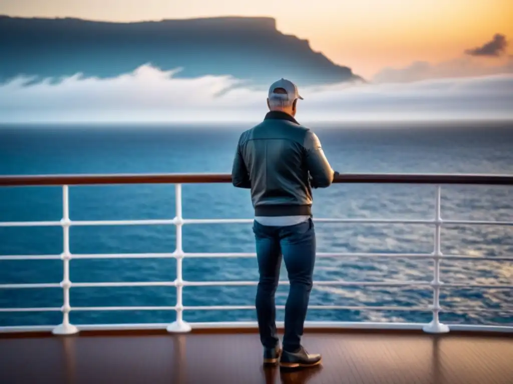 Profesional fotógrafo en crucero de lujo al atardecer, capturando vista al mar con cámara de alta calidad