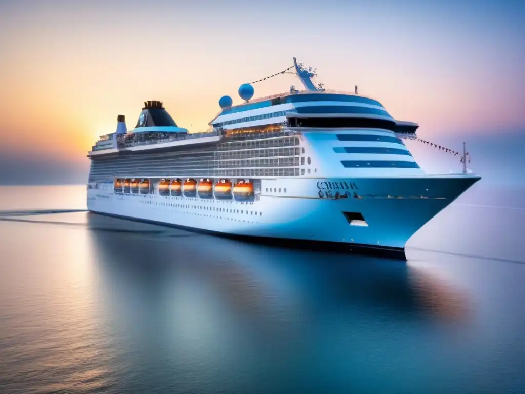 Atardecer dorado: crucero de lujo en aguas tranquilas Fotografía profesional para turismo marítimo: Un crucero al atardecer refleja la luz dorada en aguas tranquilas