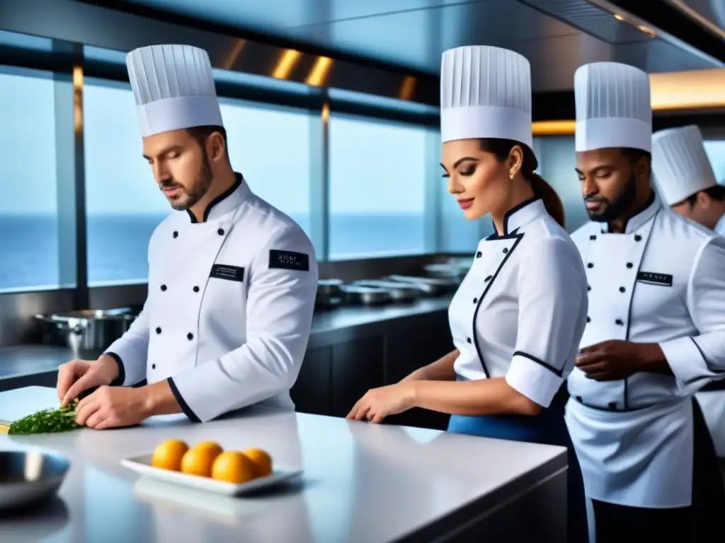 Profesionales preparando exquisitos platos en la cocina de un crucero de lujo