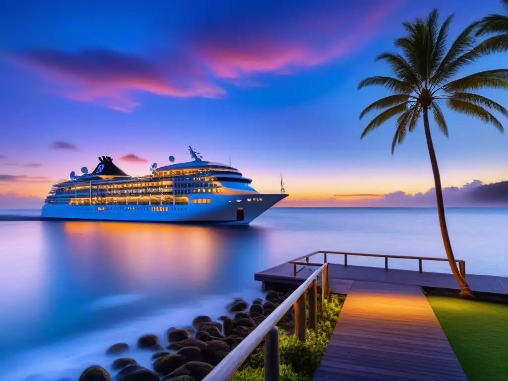 Invertir en propiedades de cruceros: Una lujosa propiedad frente al mar tropical con un crucero atracado en el muelle al lado