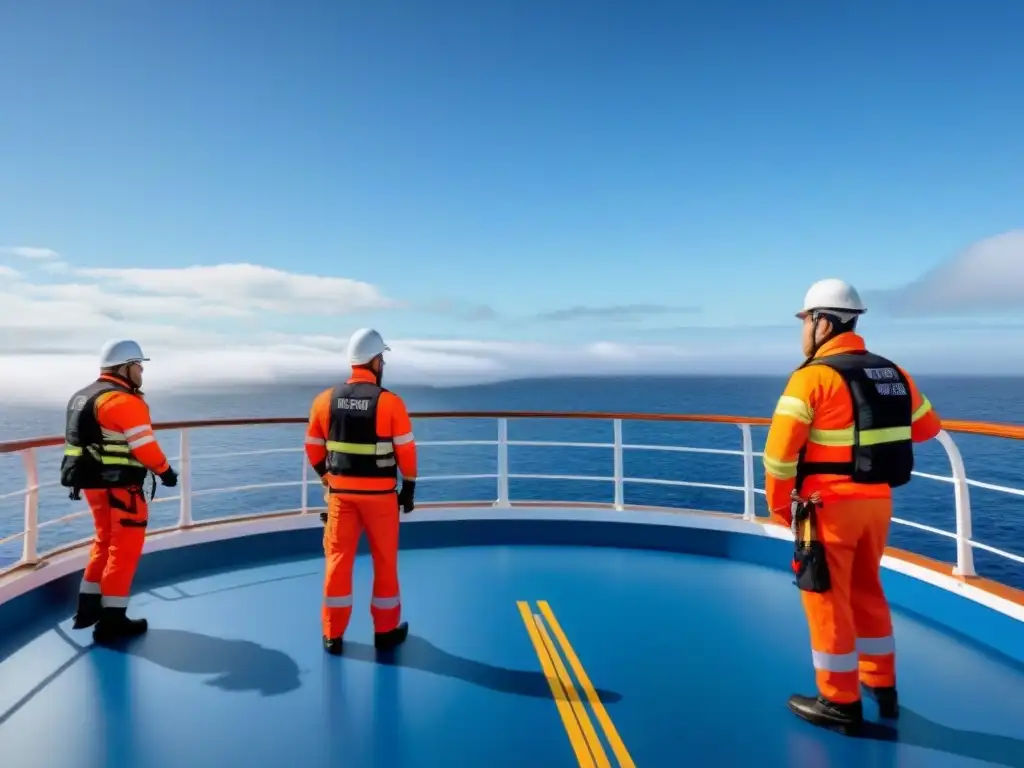 Protocolo de emergencia en crucero: pasajeros y tripulación practican medidas de seguridad en cubierta, con el mar sereno de fondo