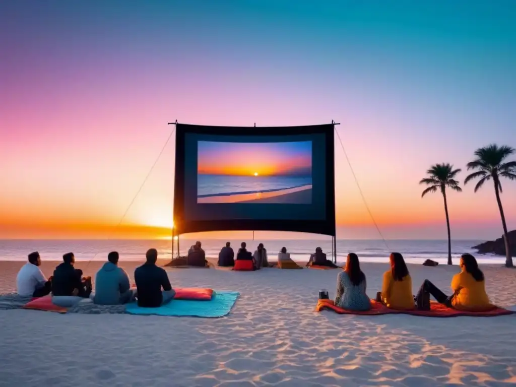 Una proyección de cine al aire libre en la playa al atardecer, con un grupo de personas viendo una película bajo las estrellas