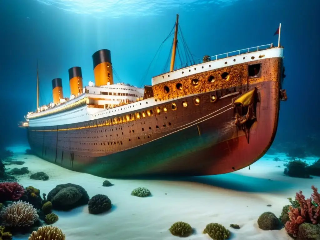 La proyección submarina del Titanic en alta resolución, rodeado de vida marina y luces, captura la emoción de su exposición