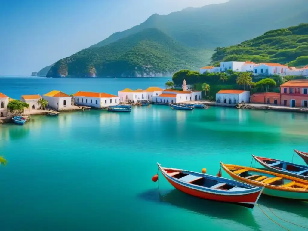 Un pueblo costero bullicioso con barcos coloridos en el puerto, rodeado de naturaleza y edificios blancos