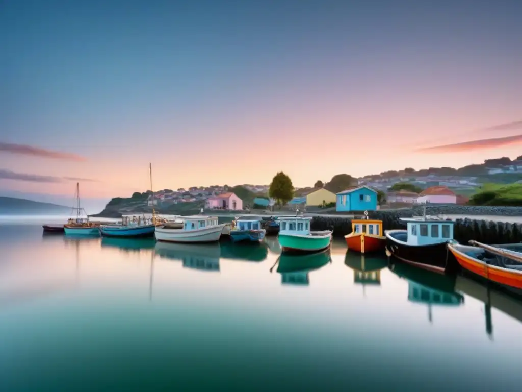 Un pueblo costero sereno al atardecer, con botes de pesca bajo un cielo pastel reflejado en aguas tranquilas