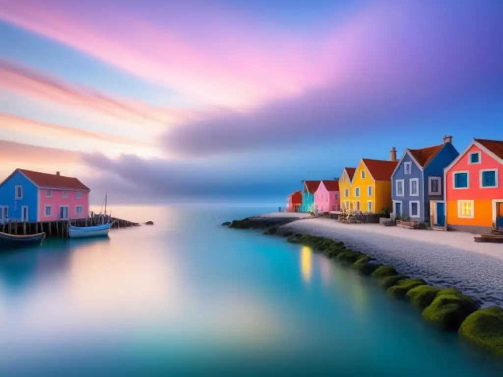 Un pueblo costero sereno al amanecer, con casas de colores pastel, botes de pesca y gaviotas