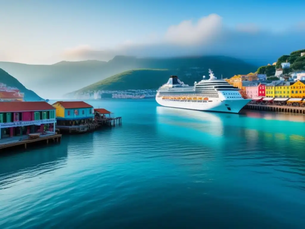 Un pueblo costero sereno con un crucero majestuoso, tiendas locales vibrantes y casas coloridas