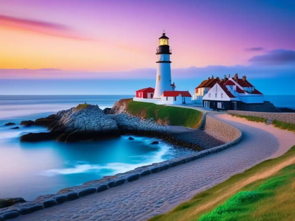 Un pueblo costero sereno con edificios coloridos en una calle empedrada, hacia un faro histórico al atardecer