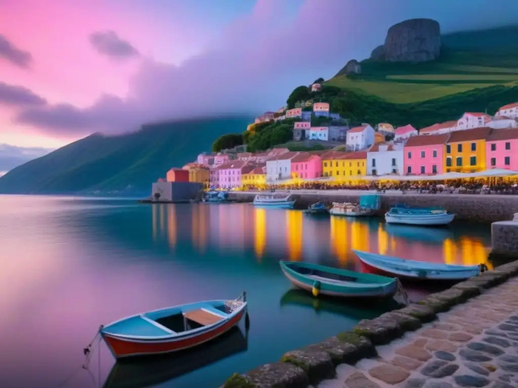 Un pueblo portuario menos conocido entre montañas verdes, con un puerto tranquilo al atardecer y pescadores locales