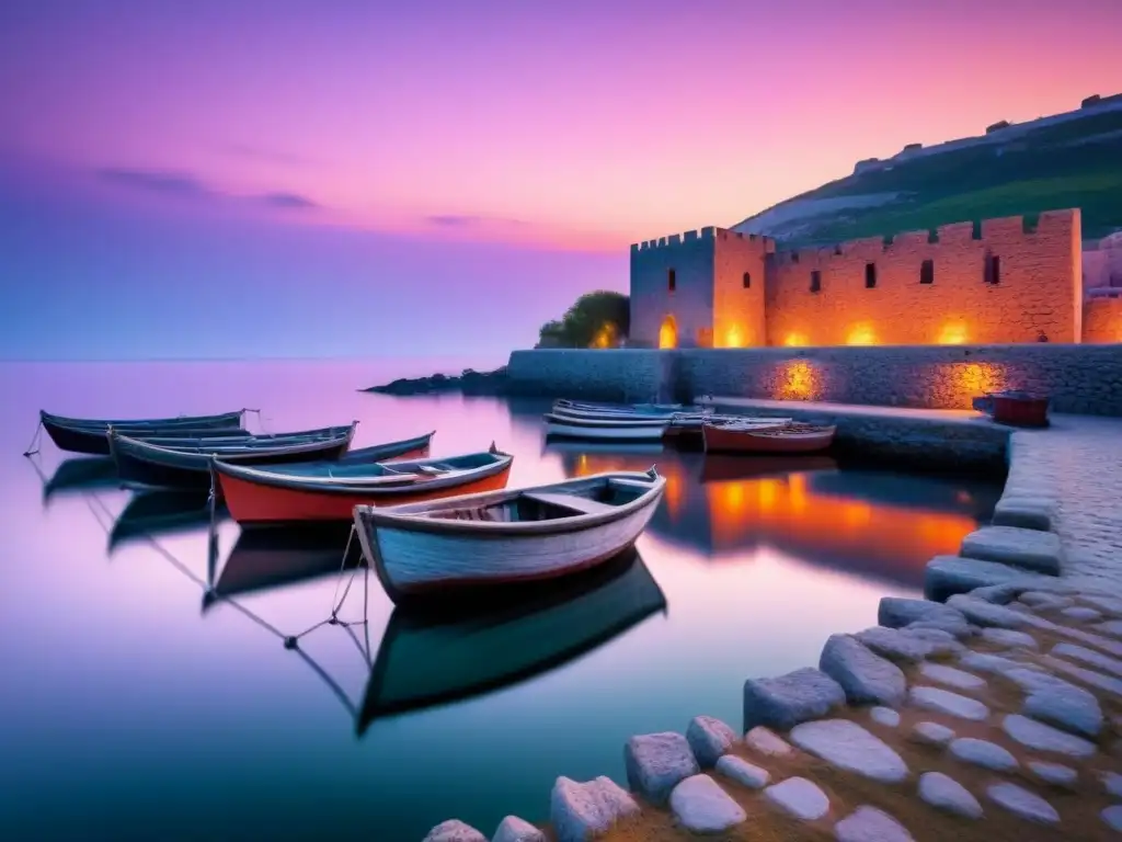 Un puerto antiguo al atardecer, con muros de piedra y barcos pesqueros, en un ambiente sereno y atemporal