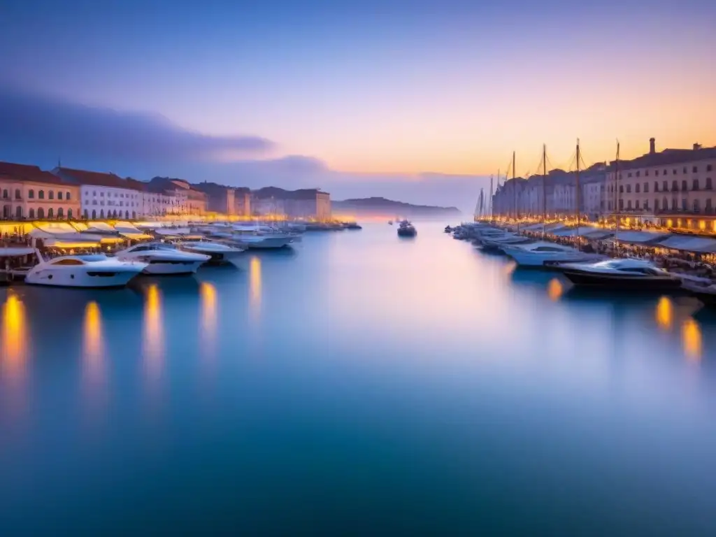 Un puerto bullicioso al amanecer, con barcos en el agua tranquila reflejando el cielo, simbolizando el Impacto social turismo marítimo