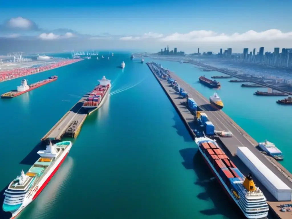 Un puerto bullicioso con diversos barcos, reflejando el cielo azul