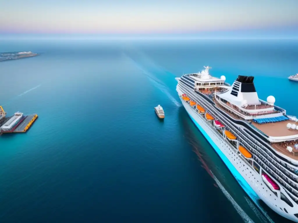 Un puerto bullicioso de cruceros, con barcos, turistas y banderas coloridas bajo el cielo azul