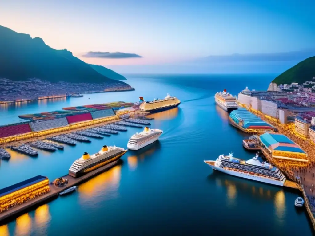 Un puerto bullicioso con cruceros majestuosos contrastando con un mercado local vibrante